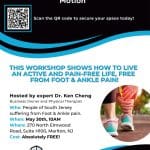 Flyer for a free workshop by Dr. Ken Cheng on improving foot and ankle function, featuring a person holding a painful ankle and a QR code