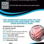 Flyer for a free arthritis workshop showing hands gripping a painful knee and a QR code for registration details