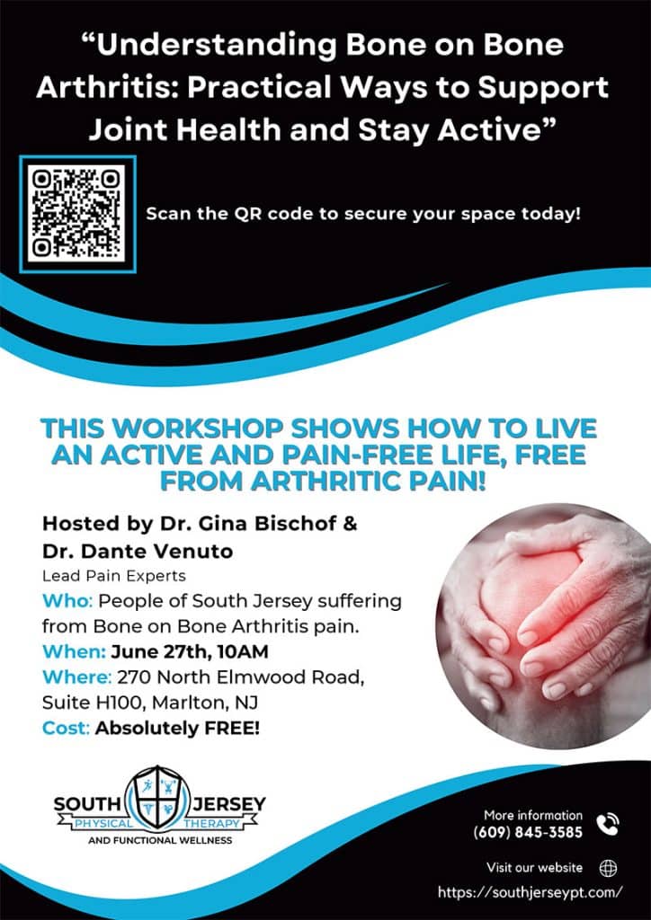 Flyer for a free arthritis workshop showing hands gripping a painful knee and a QR code for registration details